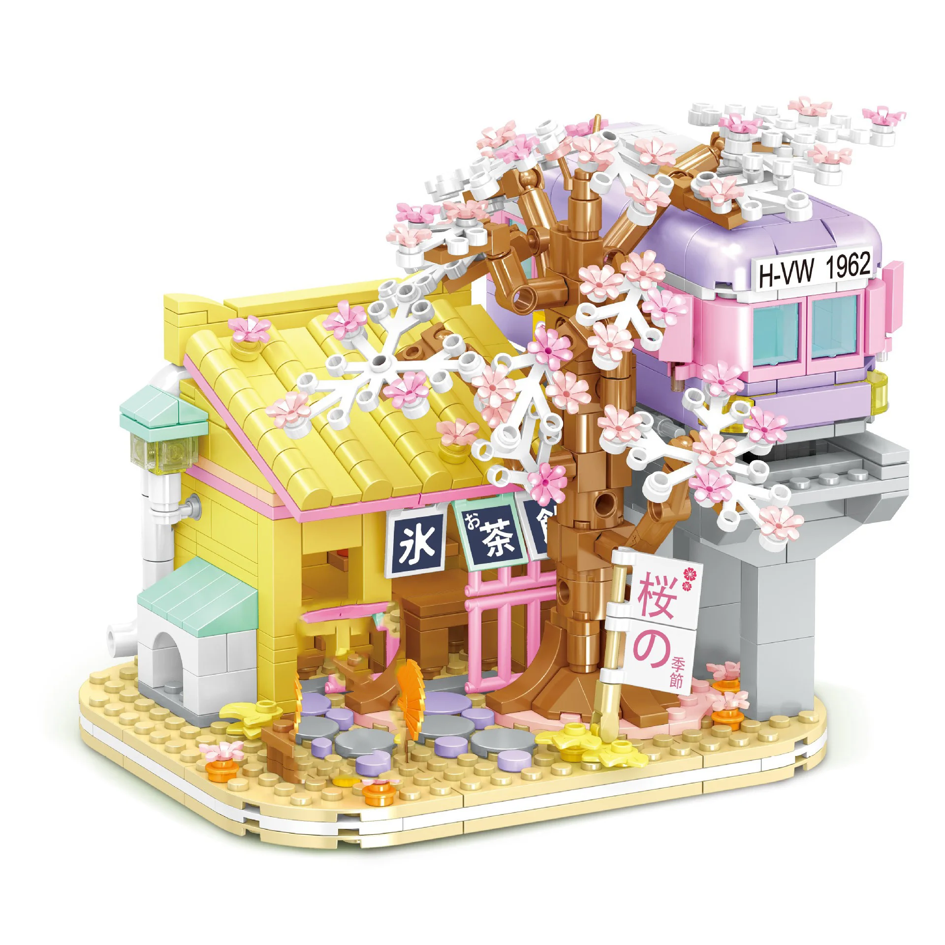 Creatief Japan City Street View Mini Block Spoorweg Kersenbloesem Gebouw Bakstenen Figuren Sakura Streetscape Speelgoed Voor Kinderen Cadeau