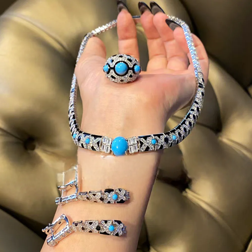 Black Enamel Synthetic Blue Turquoise Leopard Print Necklace Earrings Rings Panther Silver 925 Jewelry Set For Women Party