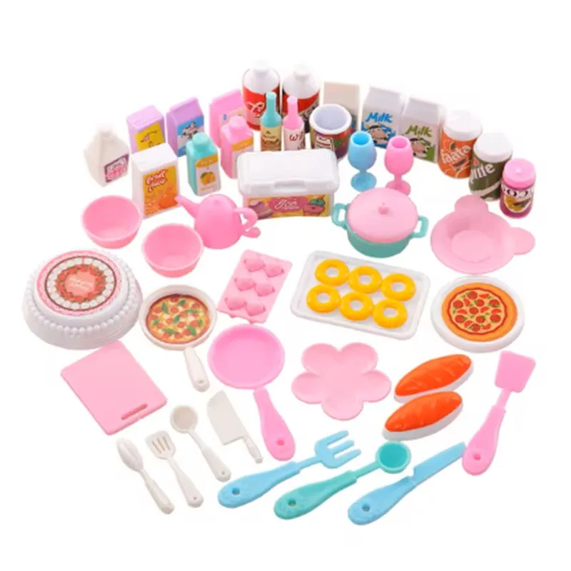 Conjunto de Comida para Casa de Bonecas com 43 Peças, Garfo, Faca, Prato, Pizza, Sopa, Brinquedos Fofos para Crianças, Acessórios de Mesa para Bonecas Barbie
