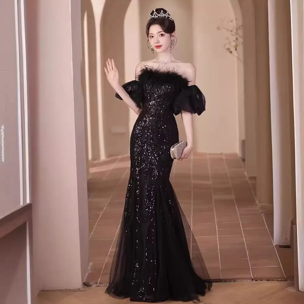 Sparkling Black Evening Dress Women's Luxurious Feather Off Shoulder Quinceanera Dresses Elegant Mermaid Long Party Vestido