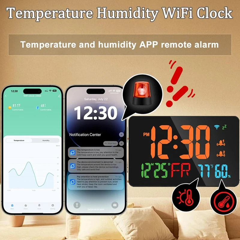 Digital Clock Alarm Clock Wifi Clock, Extra Large Letters, Temperature & Humidity, Calendar, Week