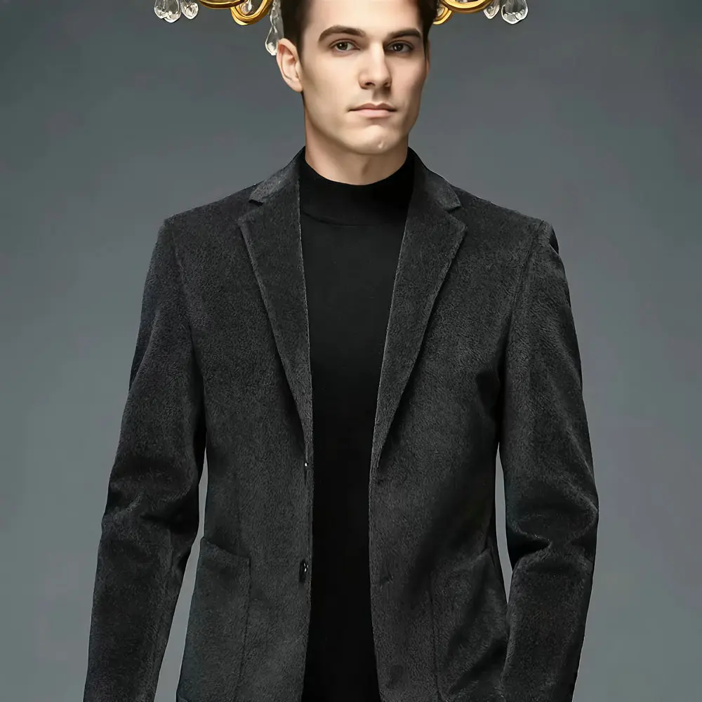 

Men Imitated Mink Wool Blazers Beige Black Smart Casual Suit Jacket Male Notched Collar Straight Business Outfits Autumn Winter