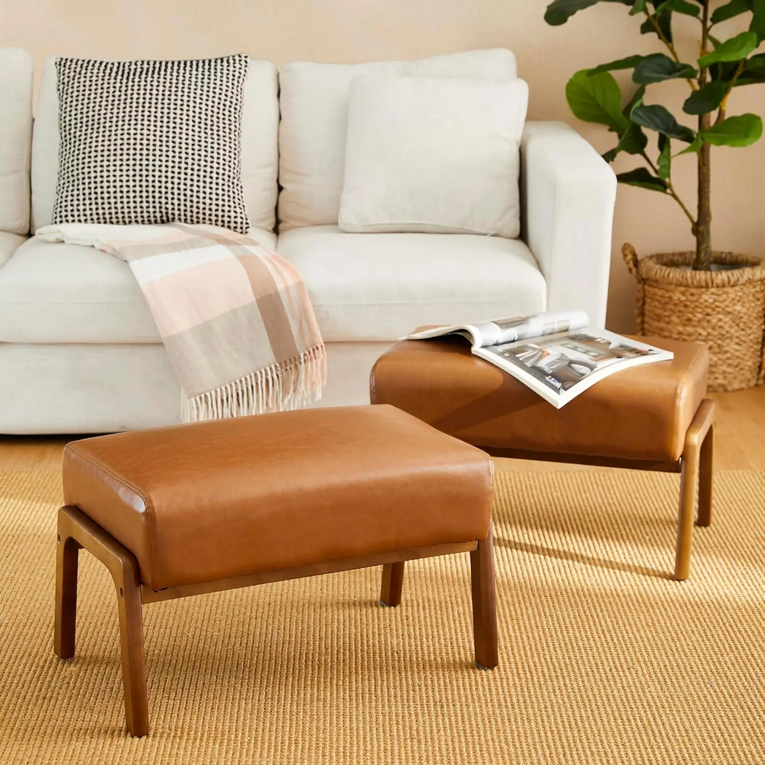 

15.5"(H) Footrest Stool Set of 2, Accent Padded Sofa Foot Stool for Accent Chair, Wood Frame Foot Rest Ottoman, Yellowish-Brown