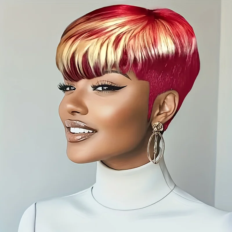 

Women Short Layered Pixie Wig Human Hair - Red 613 Blonde Burgundy Highlights 180% Density Full Machine Made Layered Bangs