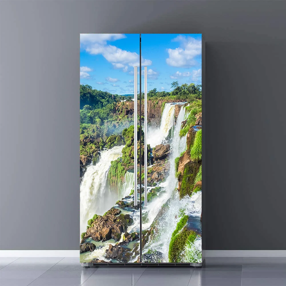 Waterfall Photo Printed Fridge Door Sticker Waterproof PVC Natural Landscape Waterfall Forest Kitchen Decorative Wallpaper