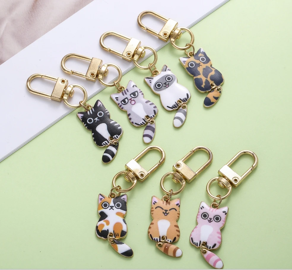 Originality Metal Cat Color Printing Keychain Personality Backpack Small Pendant Keyring Charms Animal Cute Key Chain Ring Gift