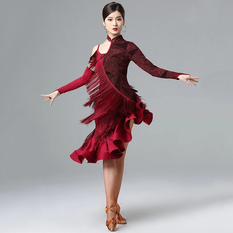Robe boucles de doigts strass manches filles franges Costume une pièce robes de concours de danse latine femmes Salsa Samba fronde