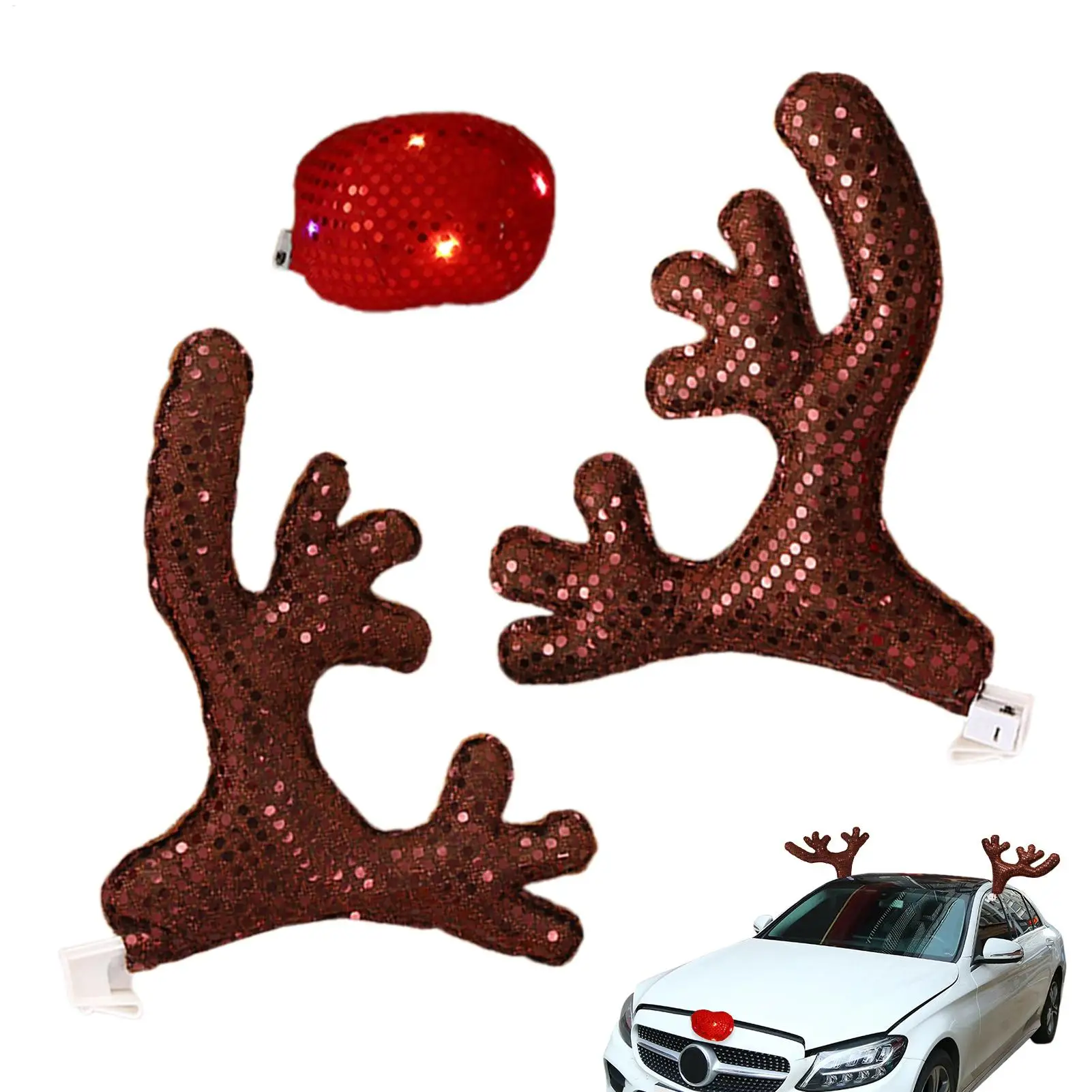 

Reindeer Car Decor With LED Light Cute Car Costume Decor Reindeer Antlers & Nose For Winter Holiday New Year Family Friends