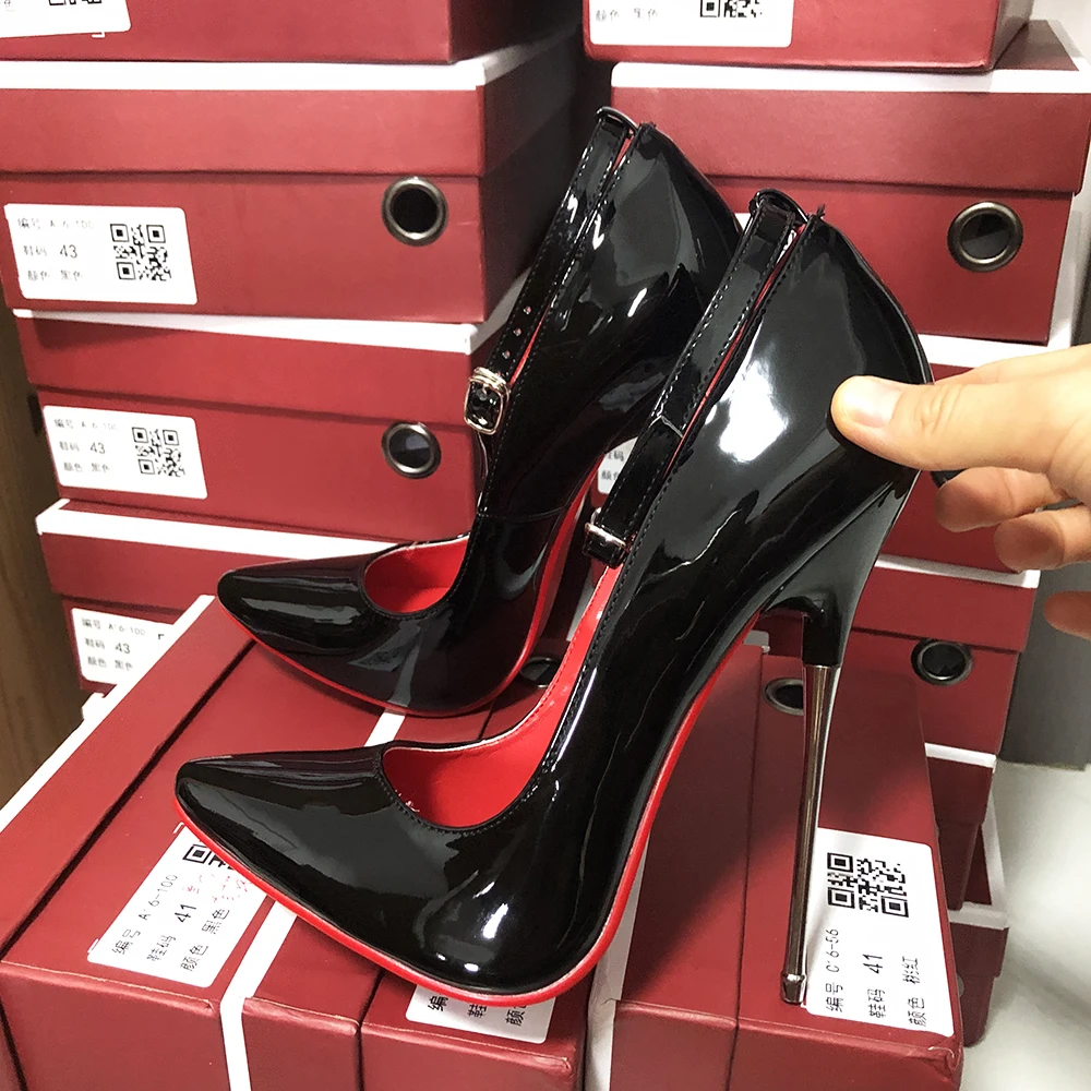 

Туфли на высоком металлическом каблуке 16 см на заказ, красные внутри, фетиш, сексуальные туфли-лодочки с ремешком на щиколотке, трансграничное платье, подиумная мужская обувь унисекс для геев