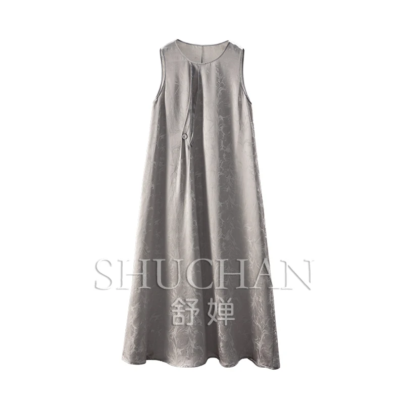 

New Elegant High-grade Gray Design Jacquard Silk Linen Tank Dress Women 55B5 Vestidos De Fiesta Summer Dress