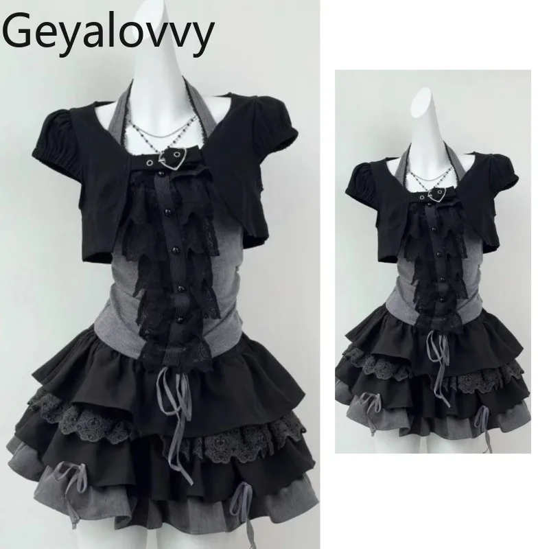 

Summer Sweet Spice Girls College Gothic Neck Vest Suspender and Short Sleeve Top Cake Fluffy A-line Skirt Three-piece Set
