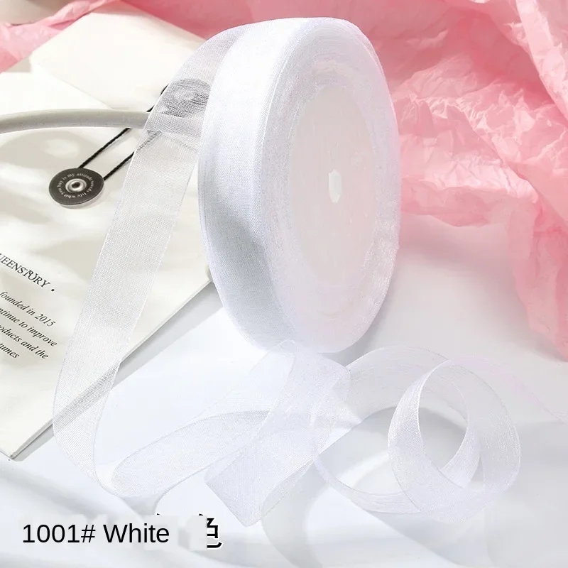 15 مللي متر 50 ياردة/لفة أشرطة الأورجانزا هدية حفل زفاف عيد الميلاد الديكور التفاف الدانتيل اليدوية DIY بها بنفسك النسيج شريط شيفون أبيض
