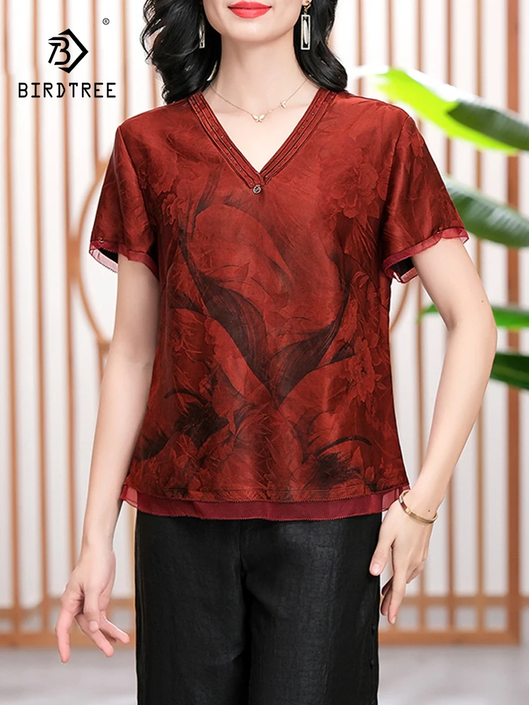 

BirdTree, 100%Real Silk XiangYunSha T-Shirt, Women Short Sleeve V Neck Printed, Retro Temperament Tops, 2024 Summer T456113QC