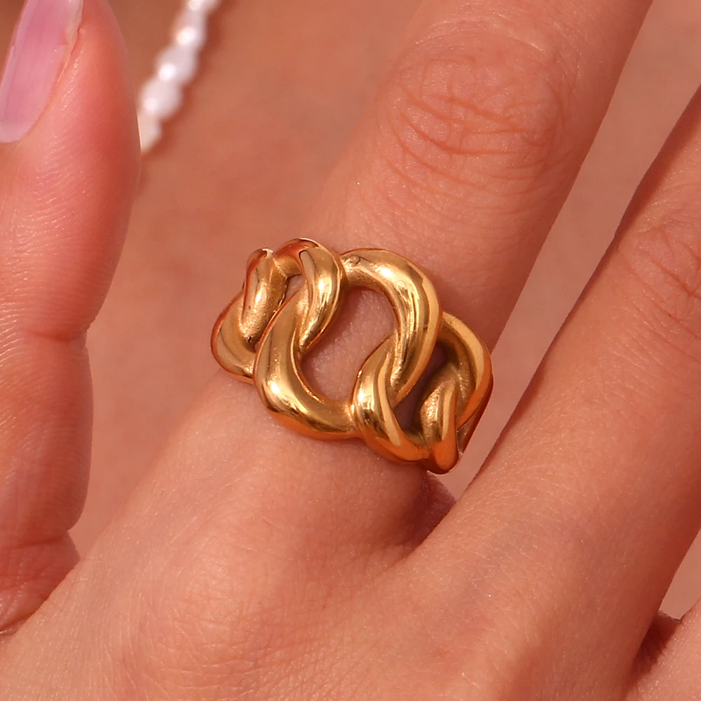 Eco-friendly Tarnish Free Chunky Hollow Braid Woven Women Finger Ring Fashion Gold Plated Stainless Steel Rings For Female