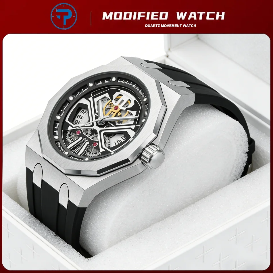 Luxury Octagon Men Quartz Watch Hollow Skeleton Dial Silicone Strap Wristwatch Fashion Business Waterproof Male Watch