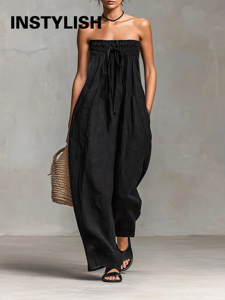 74478-6298c6.jpg Women Strapless Wide Leg Jumpsuit Casual Cotton Linen Tube Top Romper Summer Beach Long Pants with Pockets Vacation Overalls - Image 1