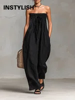 Women Strapless Wide Leg Jumpsuit Casual Cotton Linen Tube Top Romper Summer Beach Long Pants with Pockets Vacation Overalls