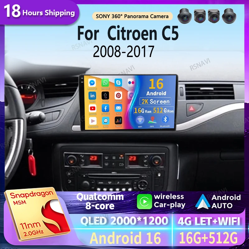 

Android 16 Carplay Auto Car Radio Multimedia Player For Citroen C5 2008 2009 2010-2017 Autoradio Stereo DSP GPS 2din Head Unit