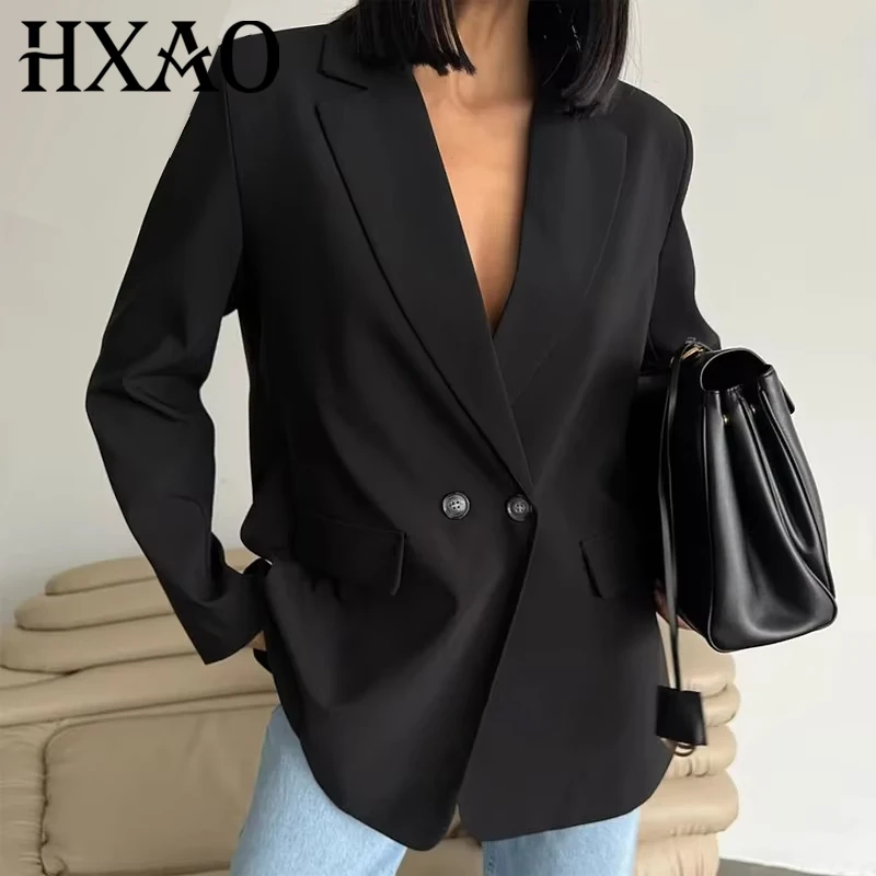 HXAO Blazer Women Double Breasted Pocket Women's Jacket 2025 Long Sleeve Casual Blazers Woman Chic Office Wear Ladies Coat