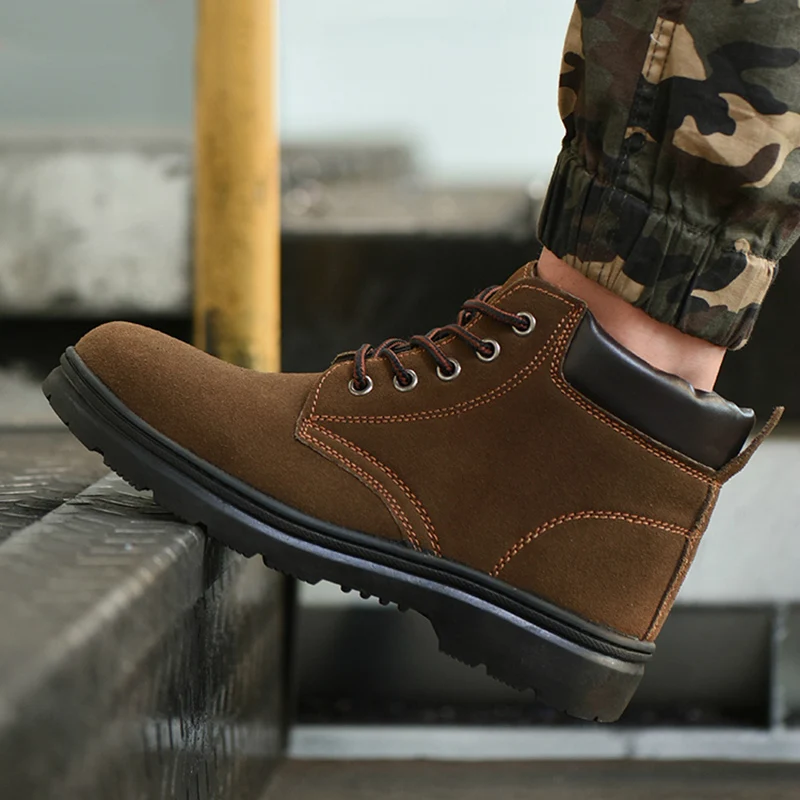 Botas de trabajo informales para hombre, zapatos con punta de acero y cuero vacuno, botas de seguridad marrones para otoño e invierno, botas de seguridad para el tobillo para trabajador, protección