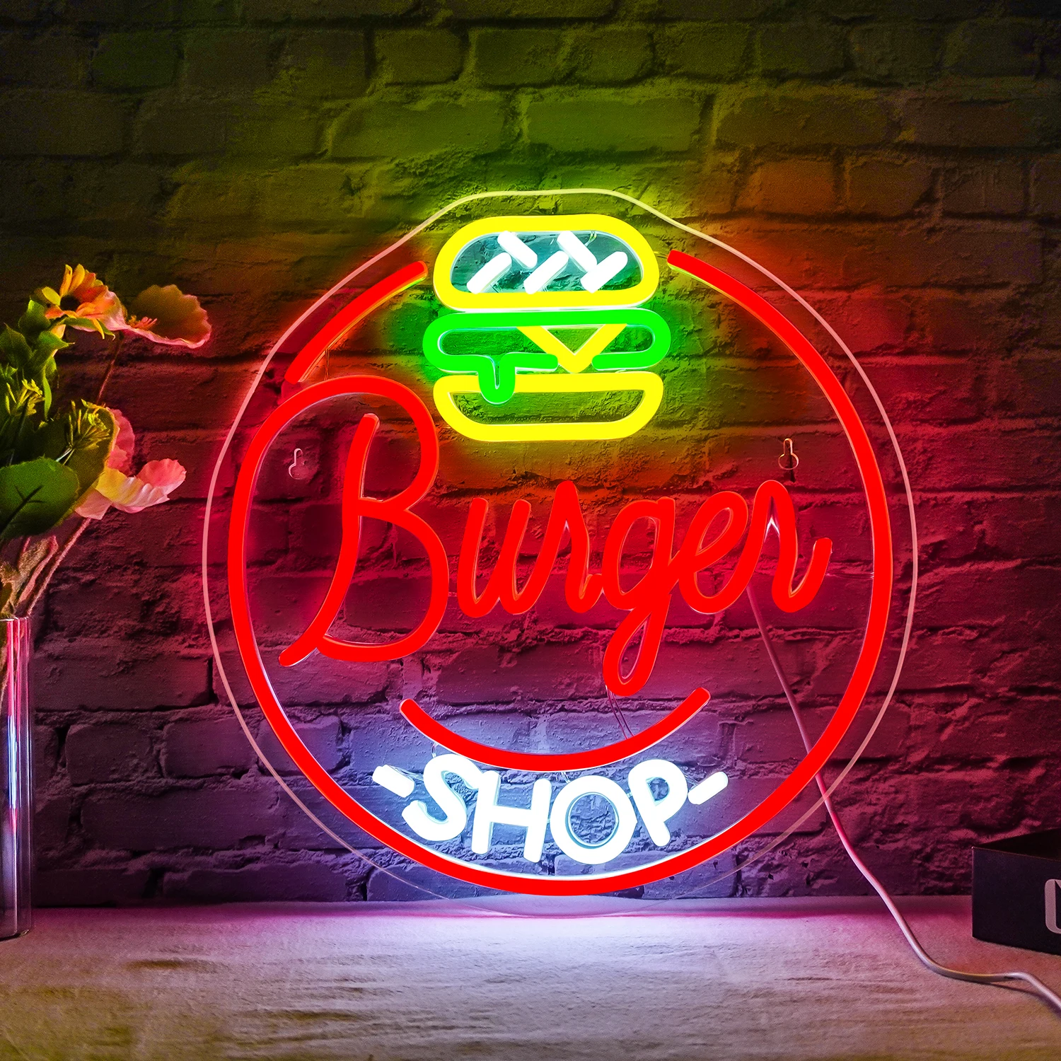 Burger Shop Neon Sign LED Light Dimmable USB Powered Hamburger Neon Sign Kitchen Wall Decor for Restaurant Man Cave Party Neon