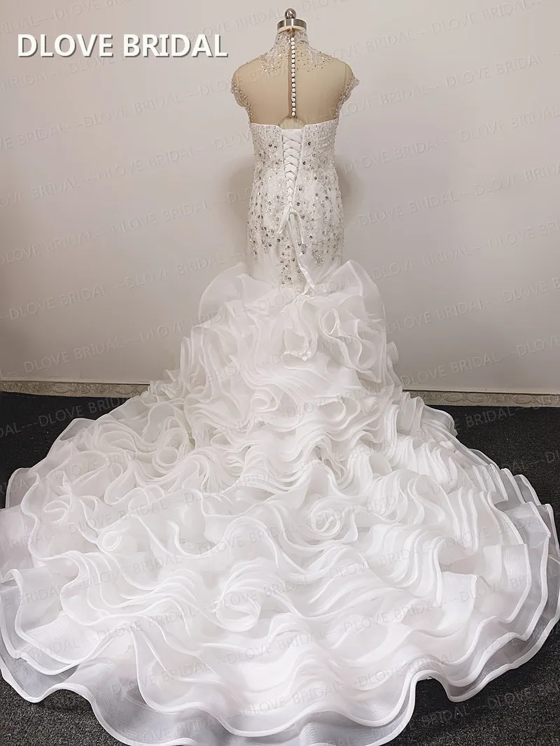 Luxury Mermaid Wedding Dress African High Neck Bridal Gown Ruffles Skirt with Long Train Factory Custom Made