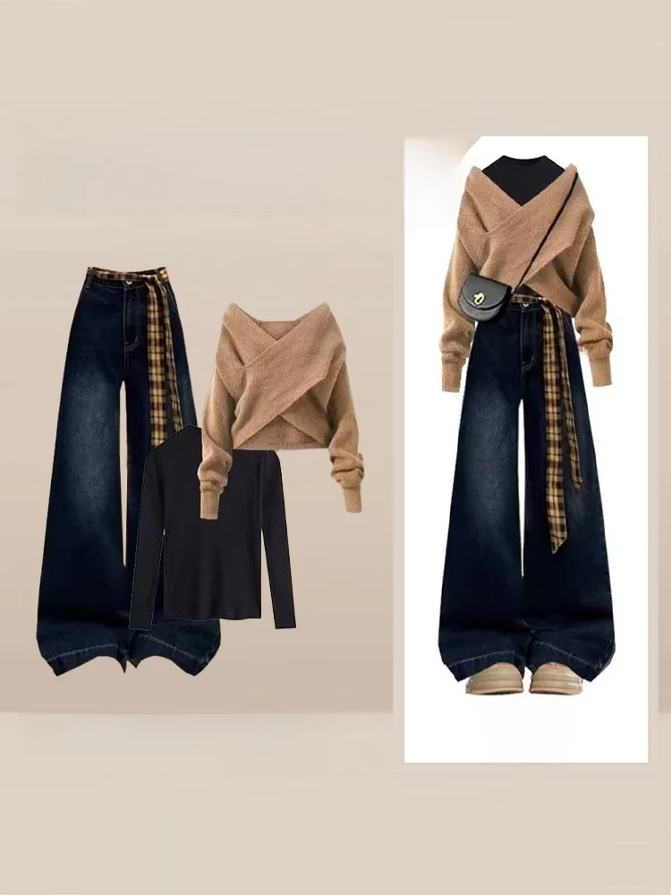 Retro Cross Irregular Sweater Women's Autumn Winter Fashion Loose High Waist Jeans Three Piece Set High Waist Wide Leg Jeans