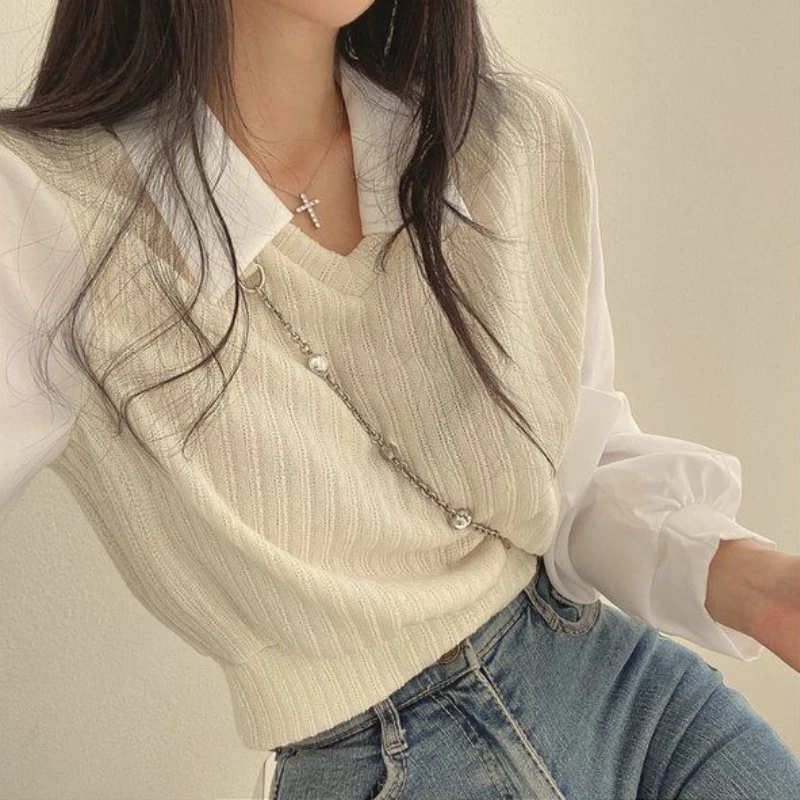 Spring Blouses Women Retro Fake Two Piece French Style Chic Long Sleeve Ladies Tops All-match Knitted OL Blusas Mujer Cozy Fall