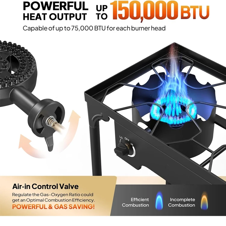 2バーナー屋外プロパンガスコンロ、高圧スタンド式調理器、裏庭料理、キャンプ、自家醸造、瓶詰め、七面鳥の揚げ物に最適