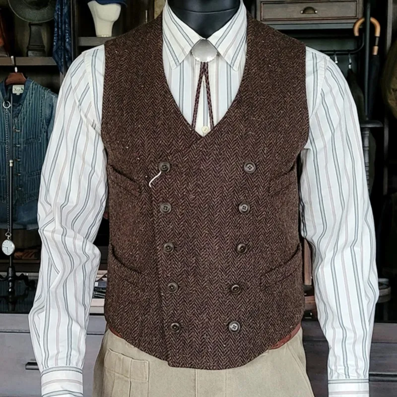 

Men's Amekaji Wear Clothes Wool Double Breasted Vest Gentleman Vintage Good Quality