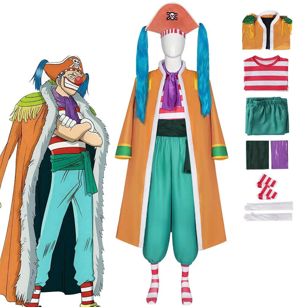 Costume complet de Buggy le Clown, cape orange, haut rayé, pantalon vert, chapeau de pirate, costume d'anime pour Halloween, fête sur scène