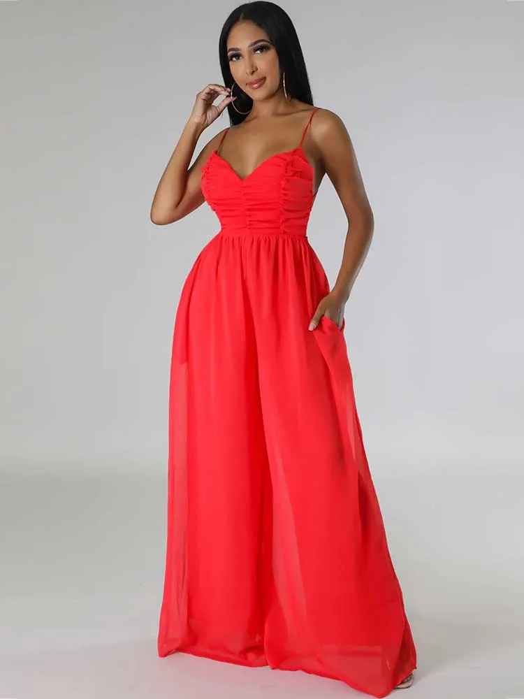 Elegante jumpsuit voor dames, mouwloos, los, casual zomer, damesjumpsuit met broek, V-hals, dunne riem, eendelige jumpsuit