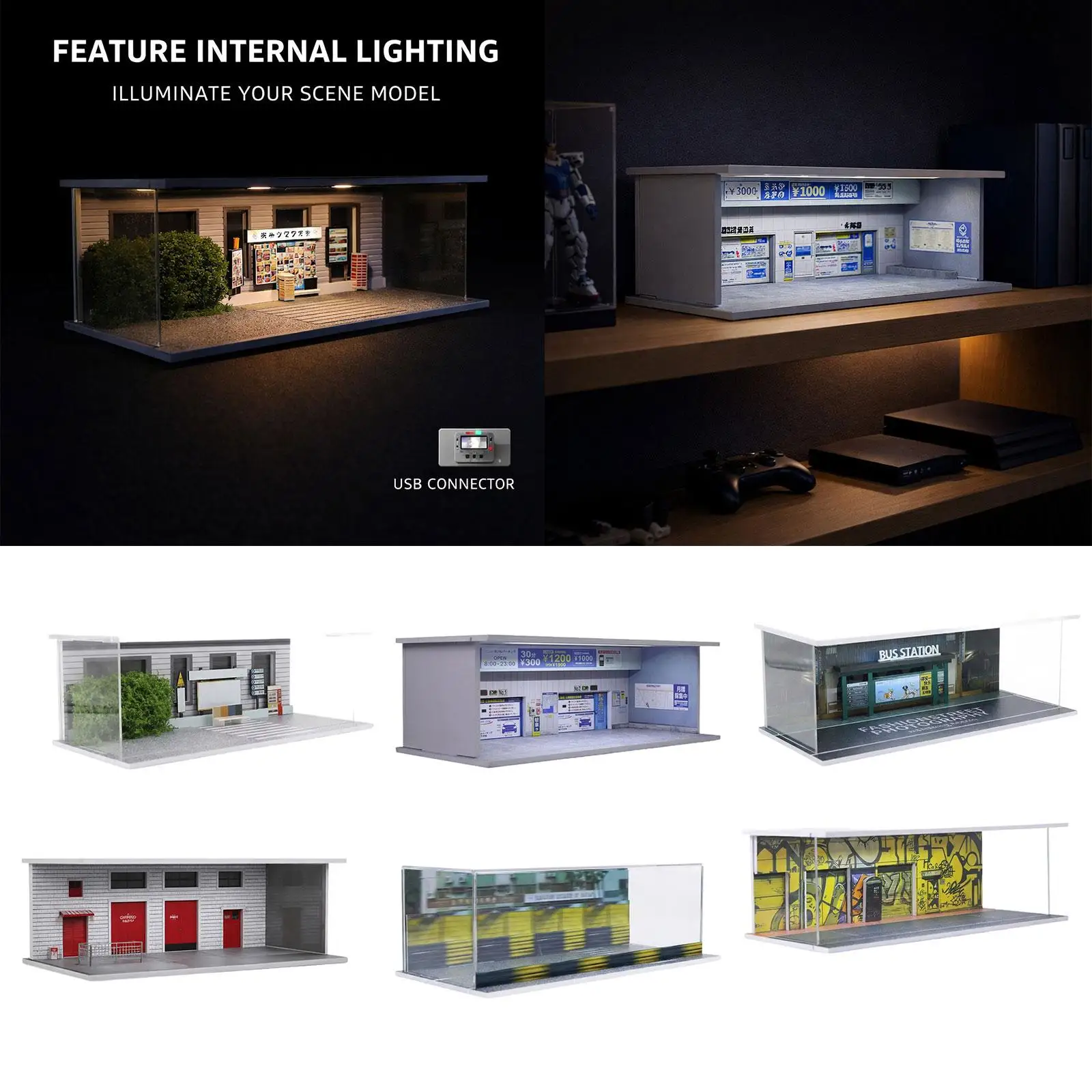 1/64 Model Car Display Case with Lighting Diecast Garage Model