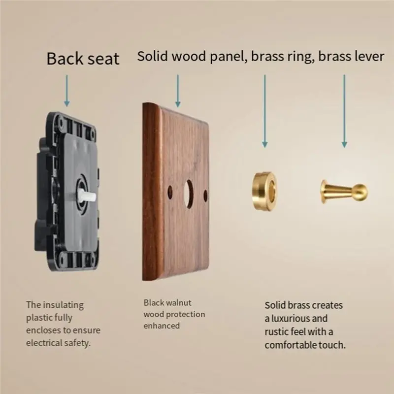 แผงสวิตช์ติดผนัง HLZS-Black Retro Walnut แบบกด 1-4 ช่อง 2 ทาง ทำจากไม้เนื้อแข็ง พร้อมเต้ารับ EU/FR แบบคู่ และพอร์ต USB-C สำหรับจ่ายไฟฟ้า