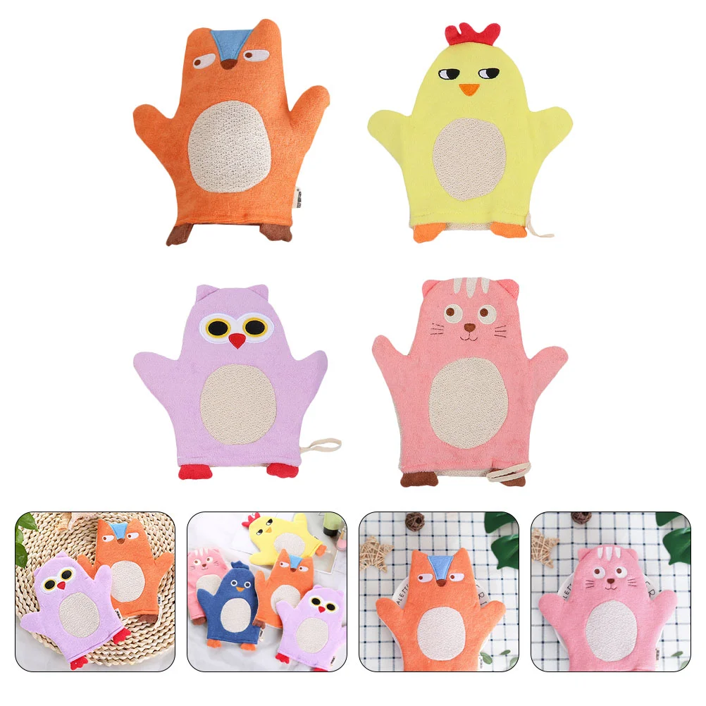 

4 Pcs Bath Towel Bathroom Tools Practical Gloves Body Rubbing Back Towels Kids Shower Cotton Showering Baby Animal-design