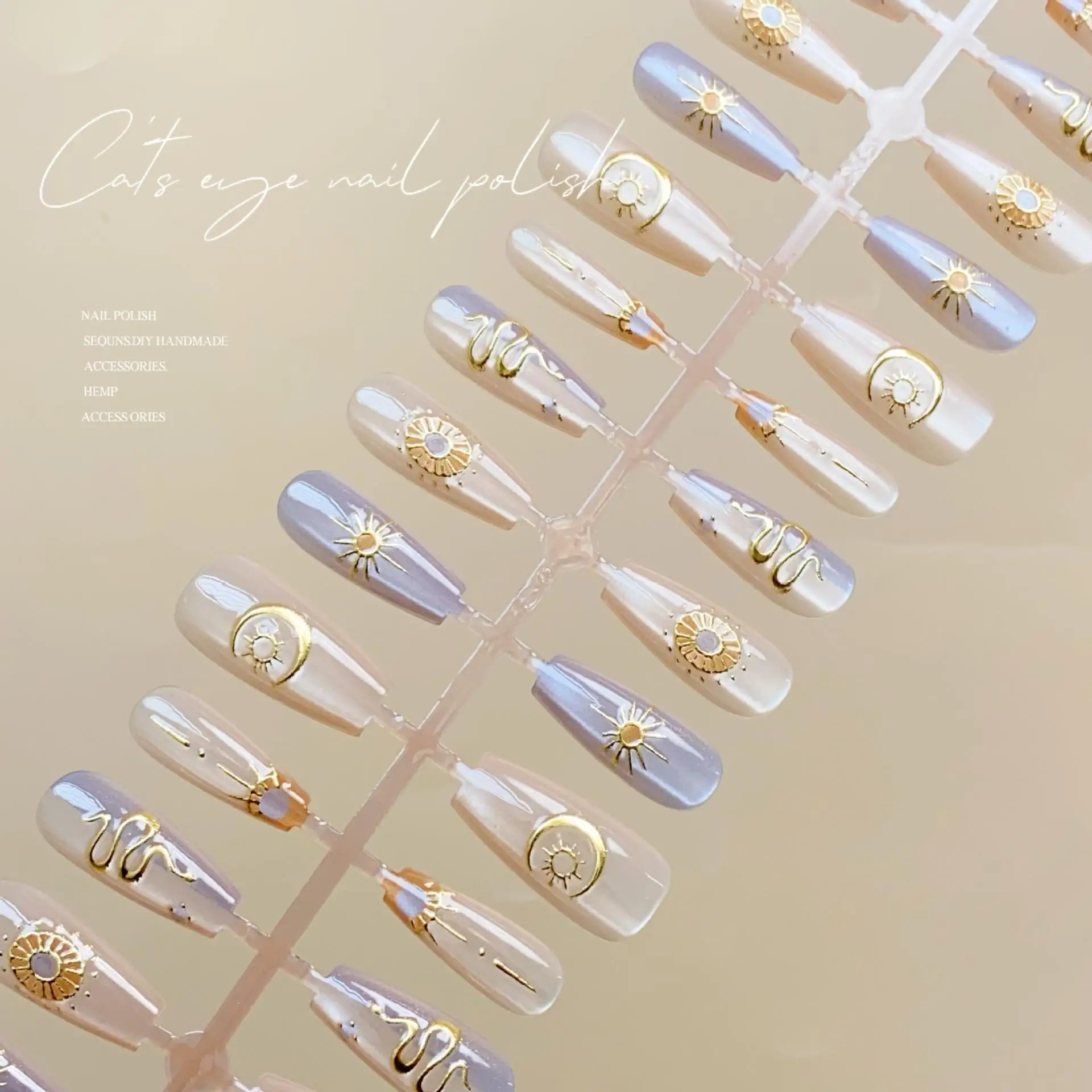 10 pièces soleil lune étoile gothique fait à la main moyen trapézoïdal faux ongles oeil de chat ongles coréens presse sur longs faux ongles réutilisables