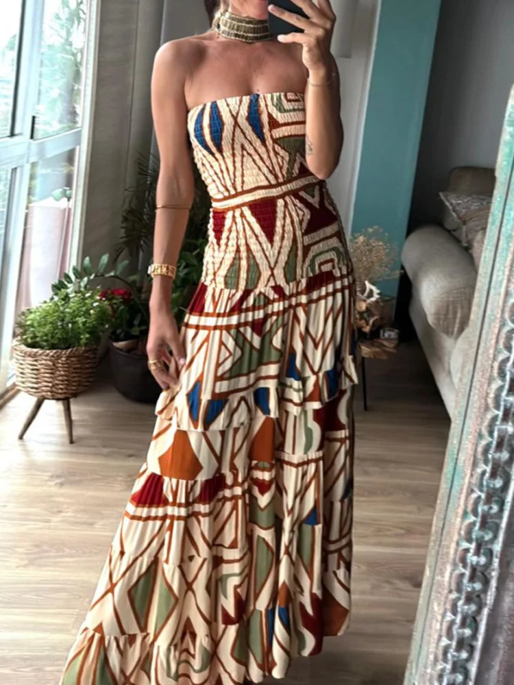 Seksowna damska sukienka bez ramiączek bez pleców Maxi sukienka damska z nadrukiem retro Bohemian Party Dress Summer bez rękawów luźne długie sukienki Vestidos