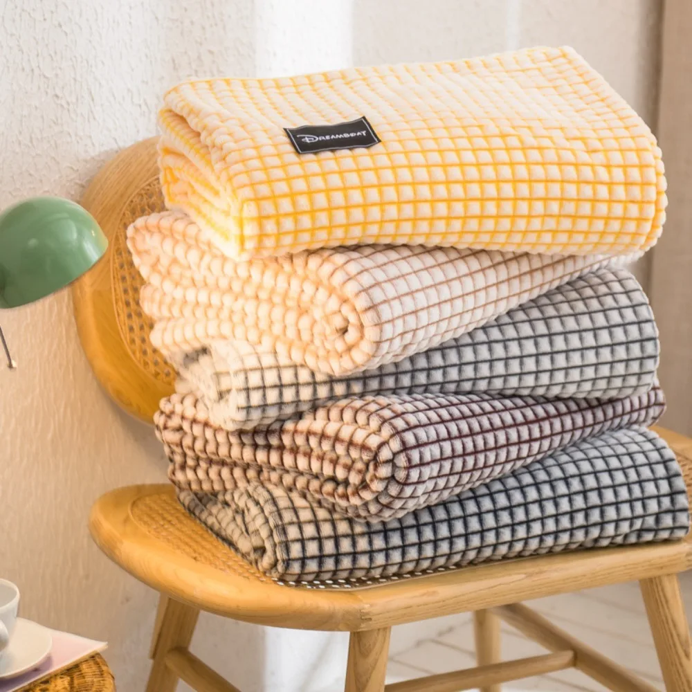 

Solid Color Plaid Coral Fleece Blanket Breathable Skin-friendly Nap Blanket Soft Thickened Sleeping Blanket Bedroom