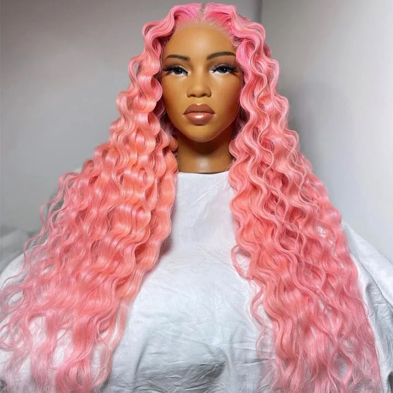 Pink Deep Wave Synthetic Lace Front Wig High Temperature Fiber  Lace Wigs for Women Long Hair Wavy Wigs Heat Resistant Cosplay