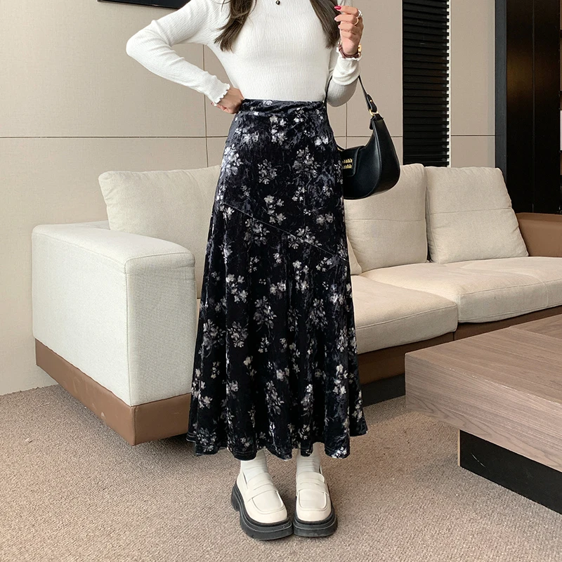 

Осенне-зимняя бархатная юбка с высокой талией и принтом, А-силуэт, с разрезом, красивая длинная юбка в пол, с цветочным узором