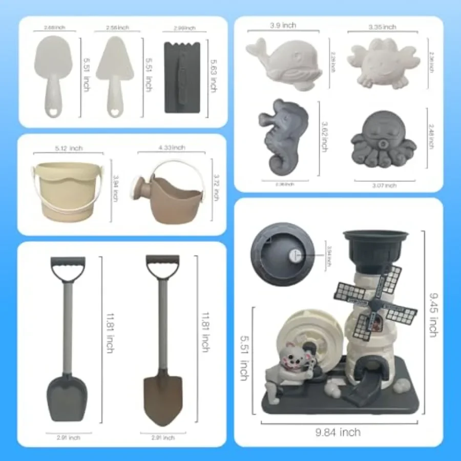 Zestaw zabawek plażowych 12 elementów, zabawki do piasku, kreskówkowy wiatrak, klepsydra, zawiera dwa łopatki, wiaderko na wodę, konewka, narzędzia w kształcie zwierząt.