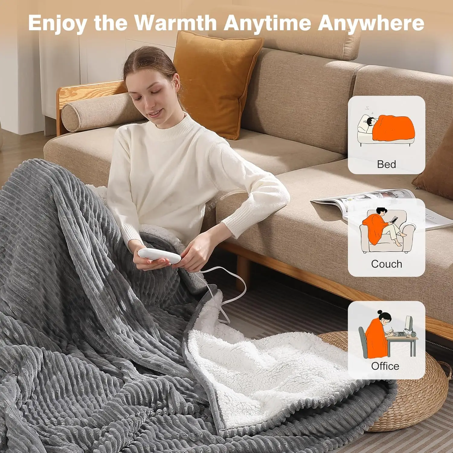 50x60 Electric Heated Throw Blanket, 5 Heat Settings, Auto Shutoff, Machine Washable, Light Grey