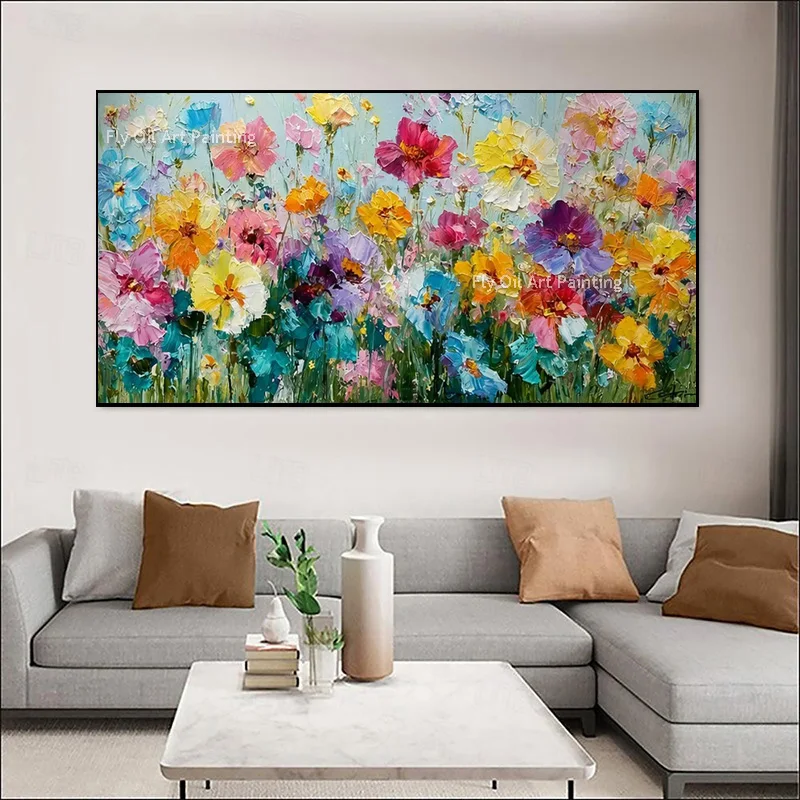 Large Pastel Knife Thick Canvas Floral Oil Painting Hand Painted Mixed Wildflower Garden Artwork Home Decor Items