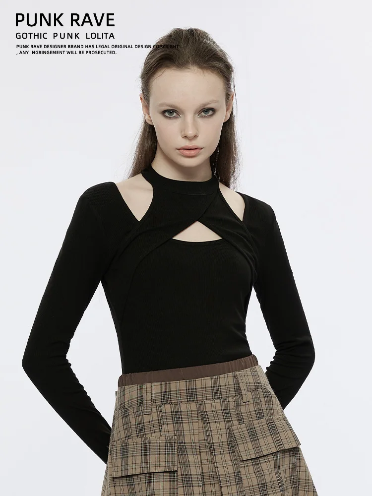 

Punk Rave Women's Long Sleeve Hollow out Knitted T-Shirt Bodycon Style Black Color round Neckline Regular Shoulder Fit for Au...