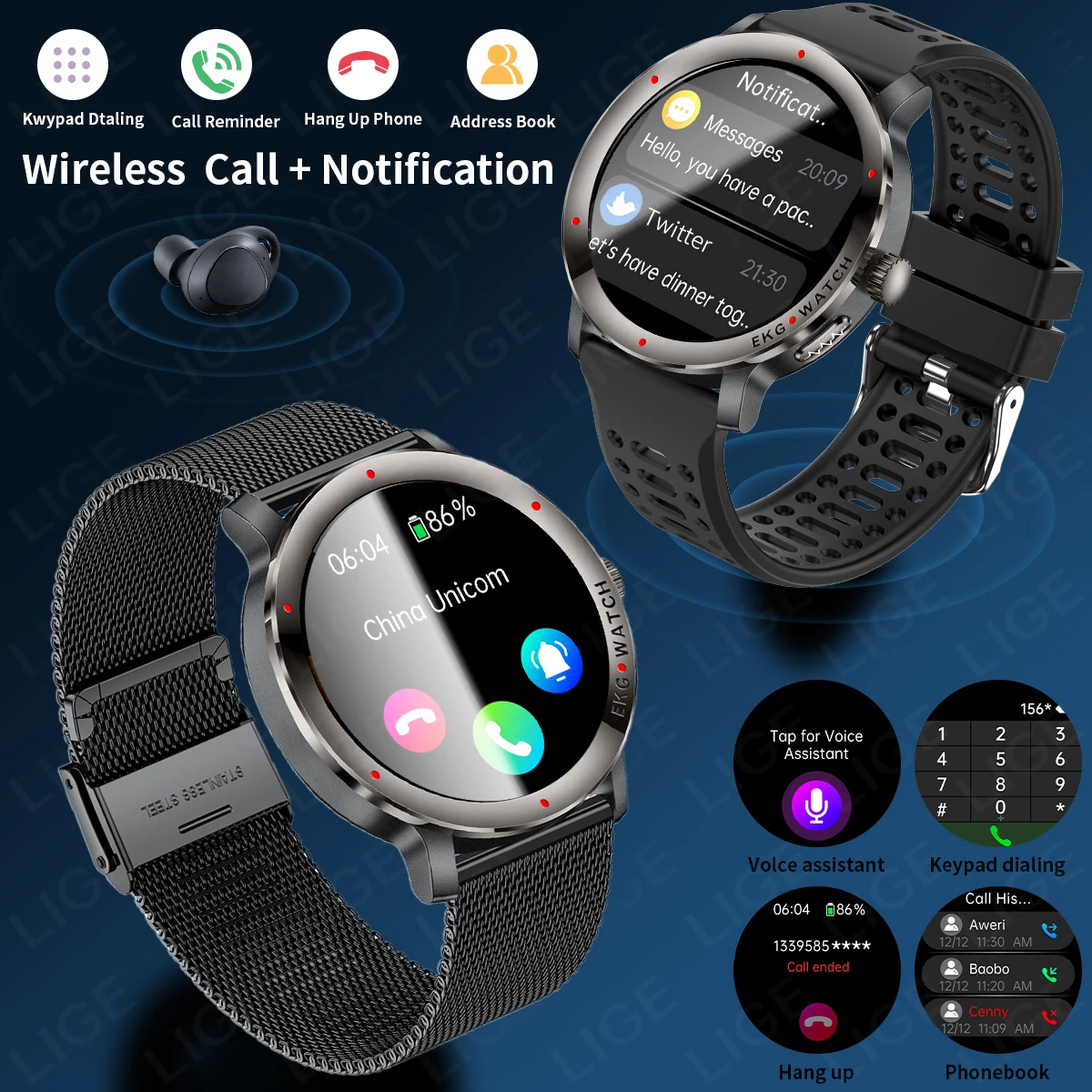 LIGE New Nursing Grade Smart Watch Blood Oxygen ECG Health Monitor Uric Acid Temperature Bluetooth Call AMOLED Screen Smartwatch