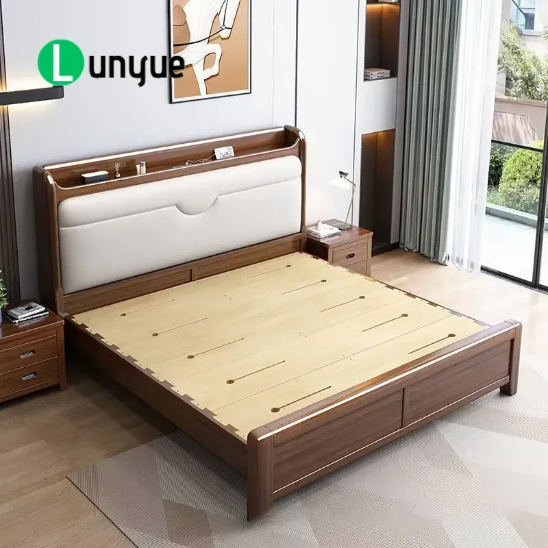 Modern Eco-Friendly Durable Rubber Wood Bed Double Size Soft Back High Box Storage Solid Wood Frame Platform Bedroom