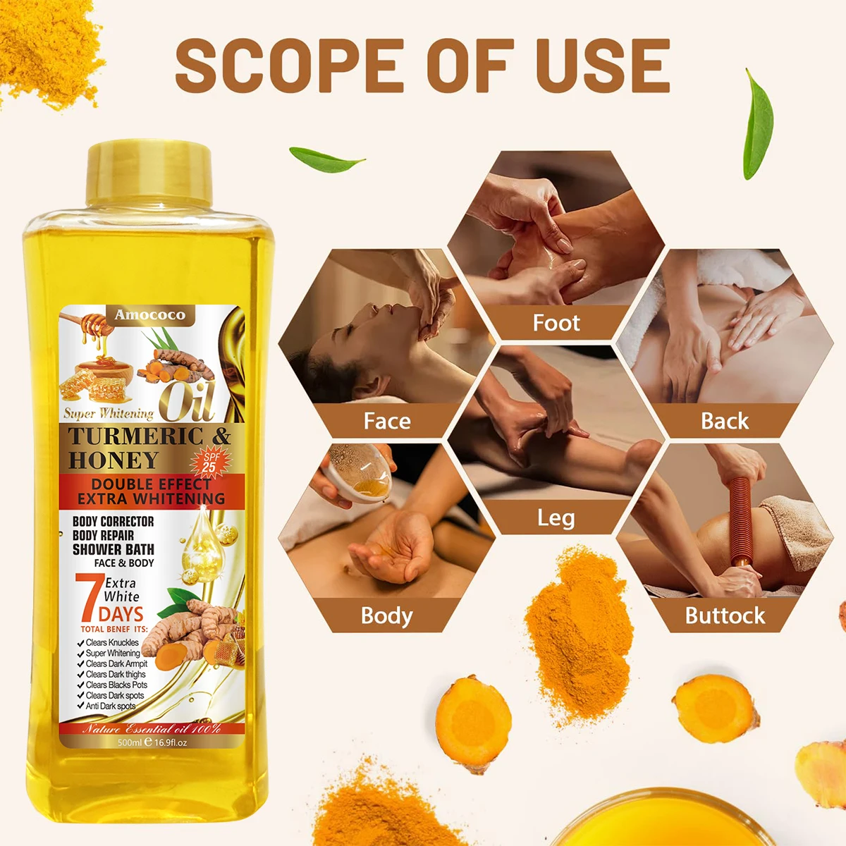 Amococo 2Pcs Turmeric Honey Body Oil Moisturizing Face Oil 200/500ml with Jojoba Oil Sweet Almond Oil Vitamin E Hydrating Skincare Oil for Body Care
