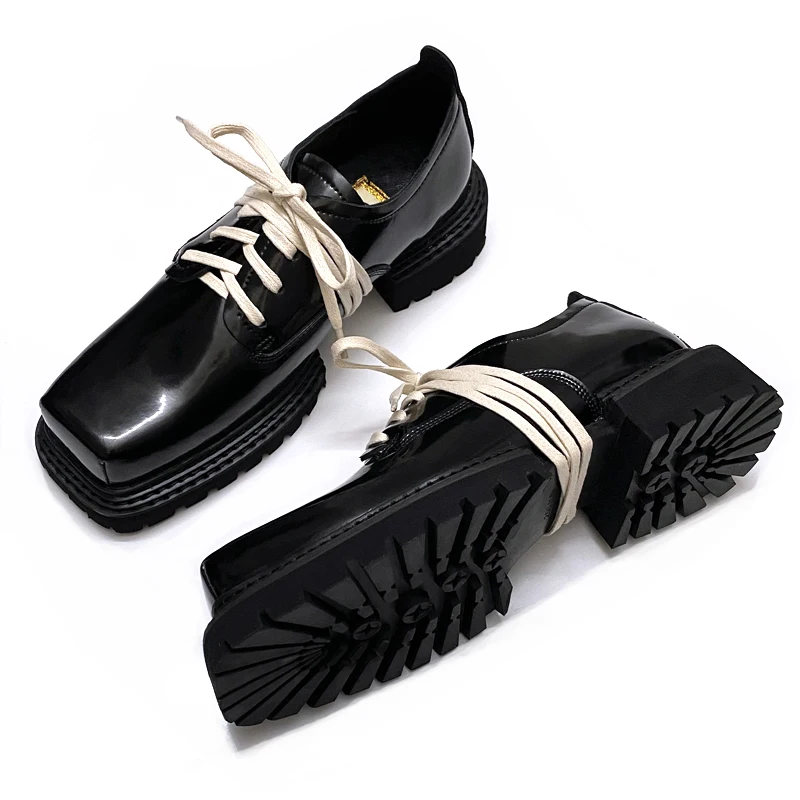 

Unisex Woman Square Toe Sheep Skin Retro Lace Up Leather Shoes Cool Girls Thick Soles Spring Summer Casual Oxfords