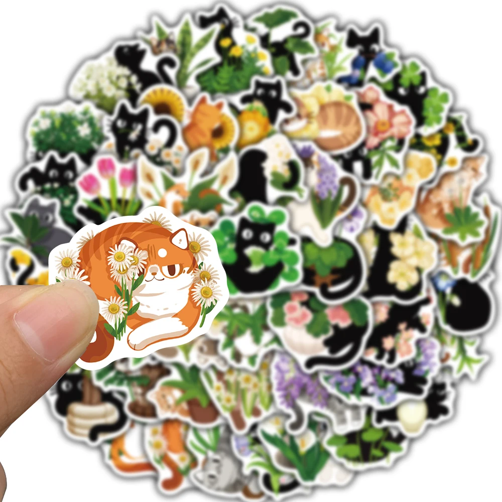 50PCS Cats And Plants Sticker Personalized Phone Gift Waterproof Skateboard Scrapbook PVC Fridge Notebook Cartoon Sticker