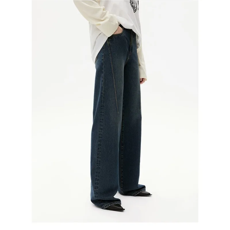 Spring Vintage Washed Three-dimensional Split Pleats High-waisted Wide-leg Jeans